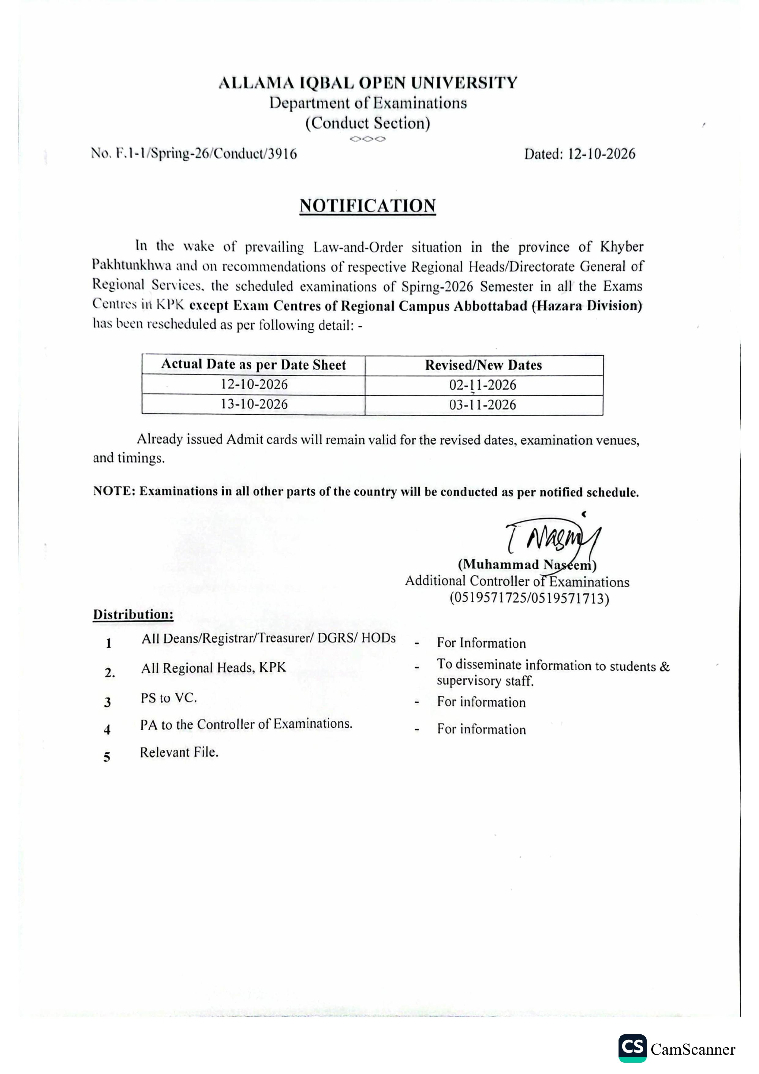 Postponement of Exams in KPK on 12 & 13 Oct.26